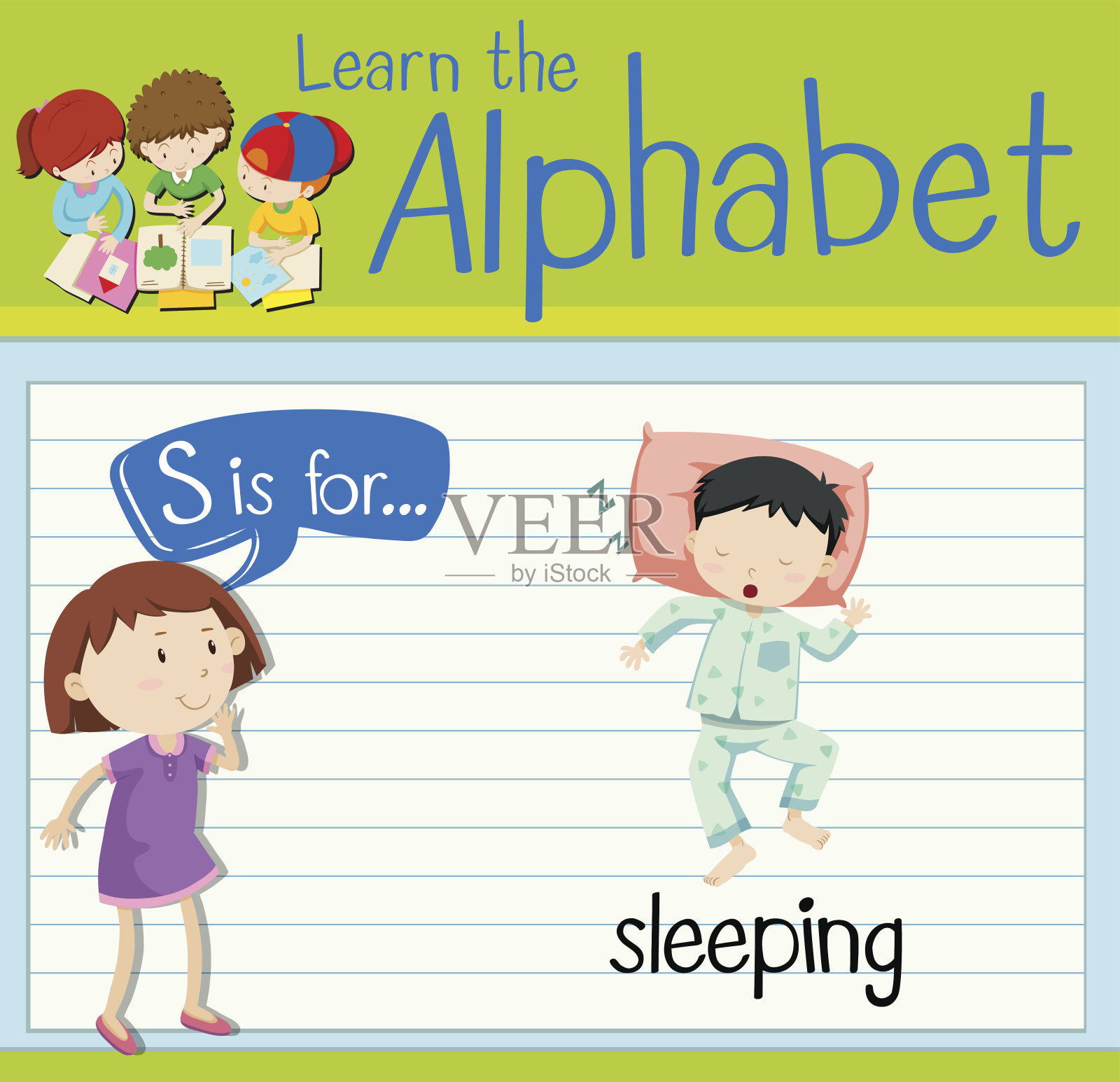 在学习卡片上，字母S代表睡觉设计元素图片