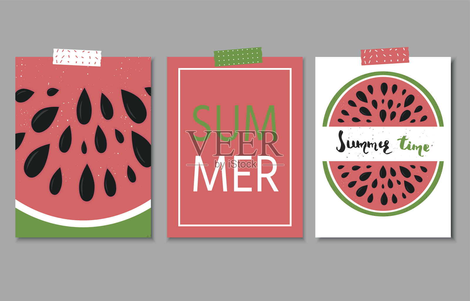 收集三张明亮的夏季明信片与手绘的lette插画图片素材