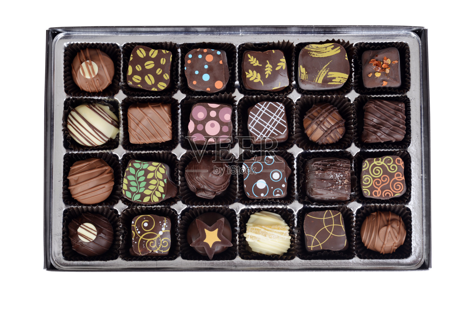 顶视图盒的花式巧克力糖果照片摄影图片
