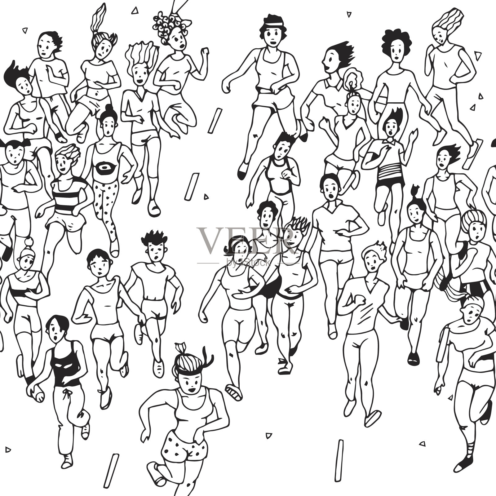 女子马拉松跑者的无缝模式。人物卡通女孩。彩色矢量人设置。手绘涂鸦。插画图片素材