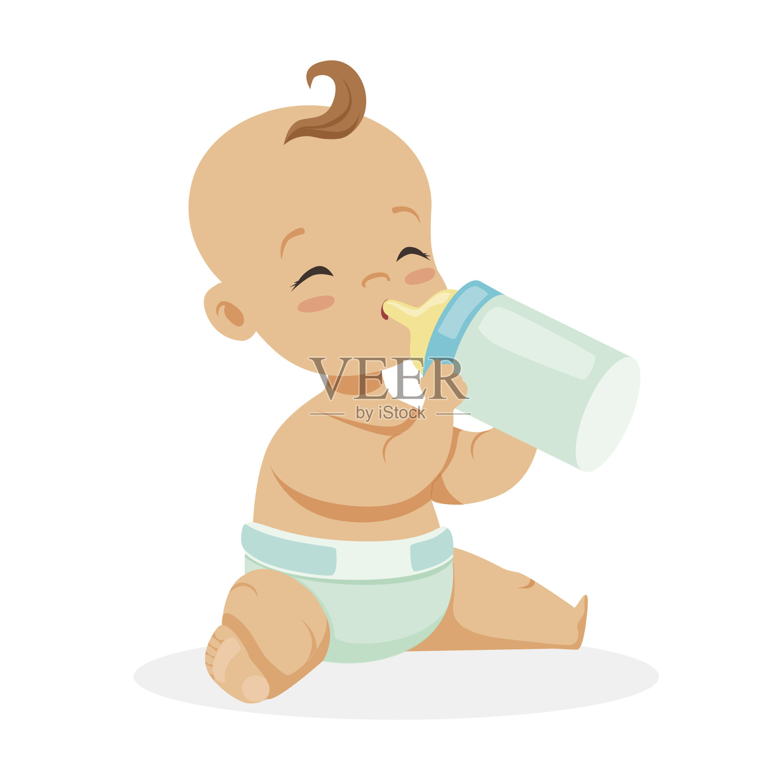可爱的小婴儿坐在一个塑料瓶里喝牛奶，彩色卡通人物矢量插图设计元素图片