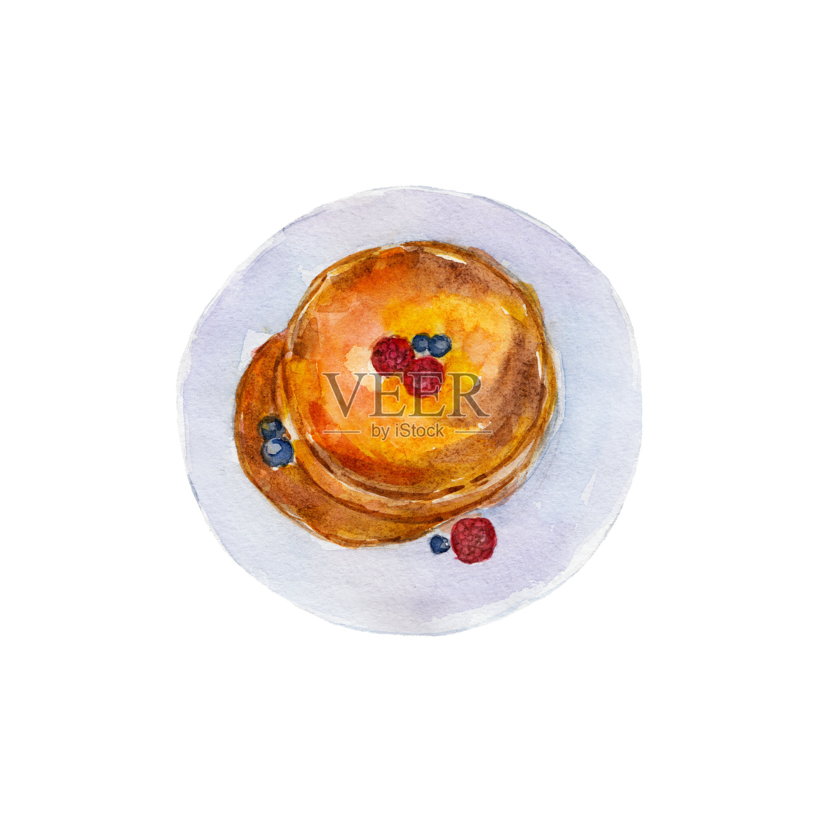 白色背景上孤立的浆果煎饼，手绘水彩插图。插画图片素材