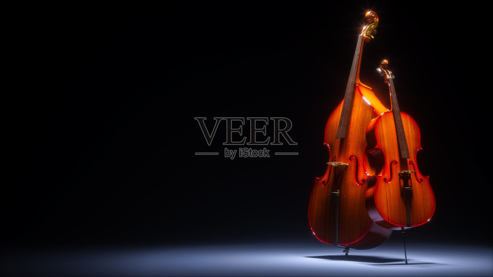 低音提琴和大提琴在黑暗的工作室3D渲染照片摄影图片