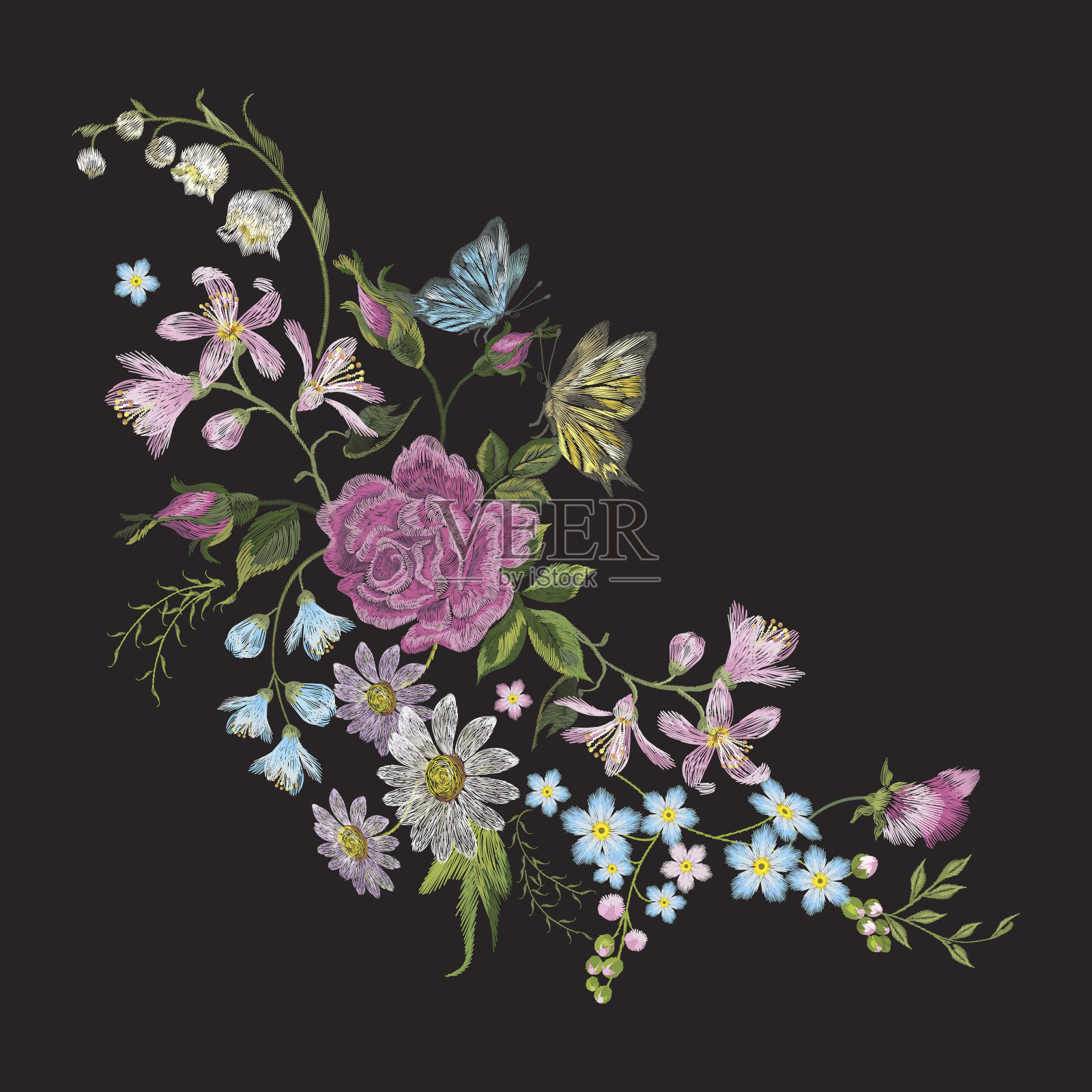 刺绣趋势花卉图案与蝴蝶。插画图片素材