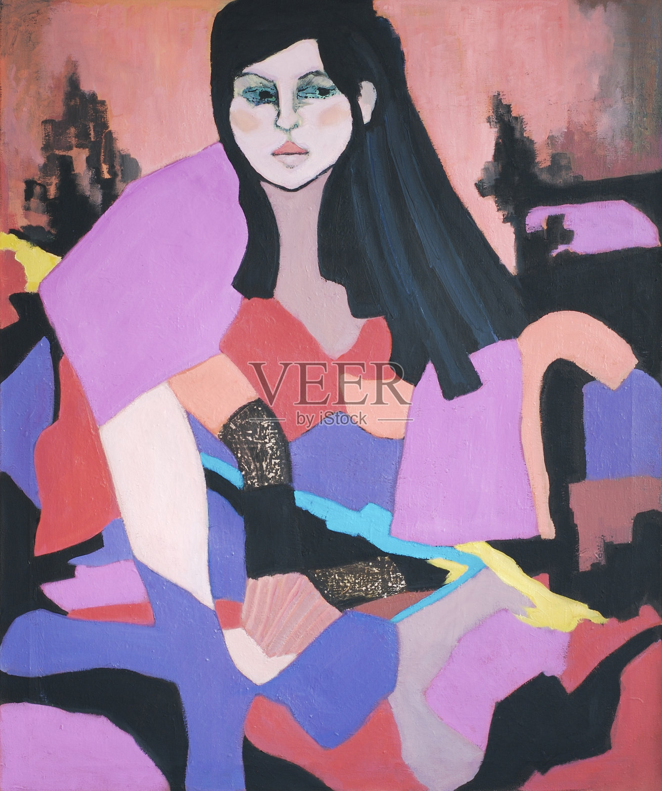 油画上的现代抽象画:坐着的女人插画图片素材