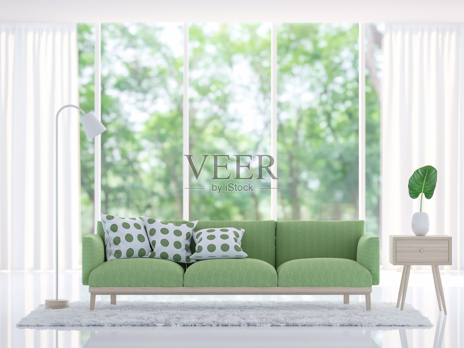 现代白色客厅配绿色沙发3d效果图照片摄影图片