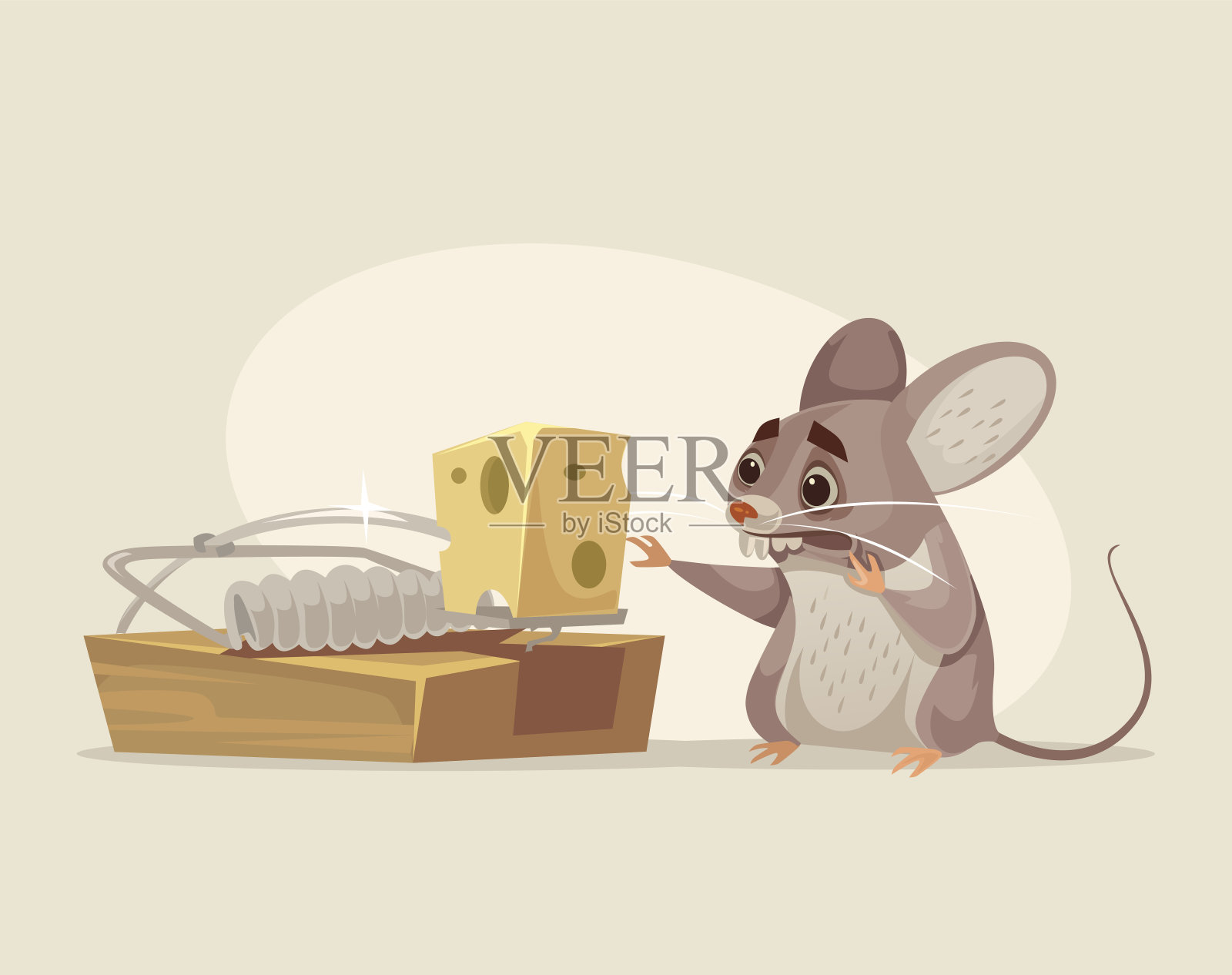 受惊的老鼠角色试图从捕鼠器里得到奶酪插画图片素材
