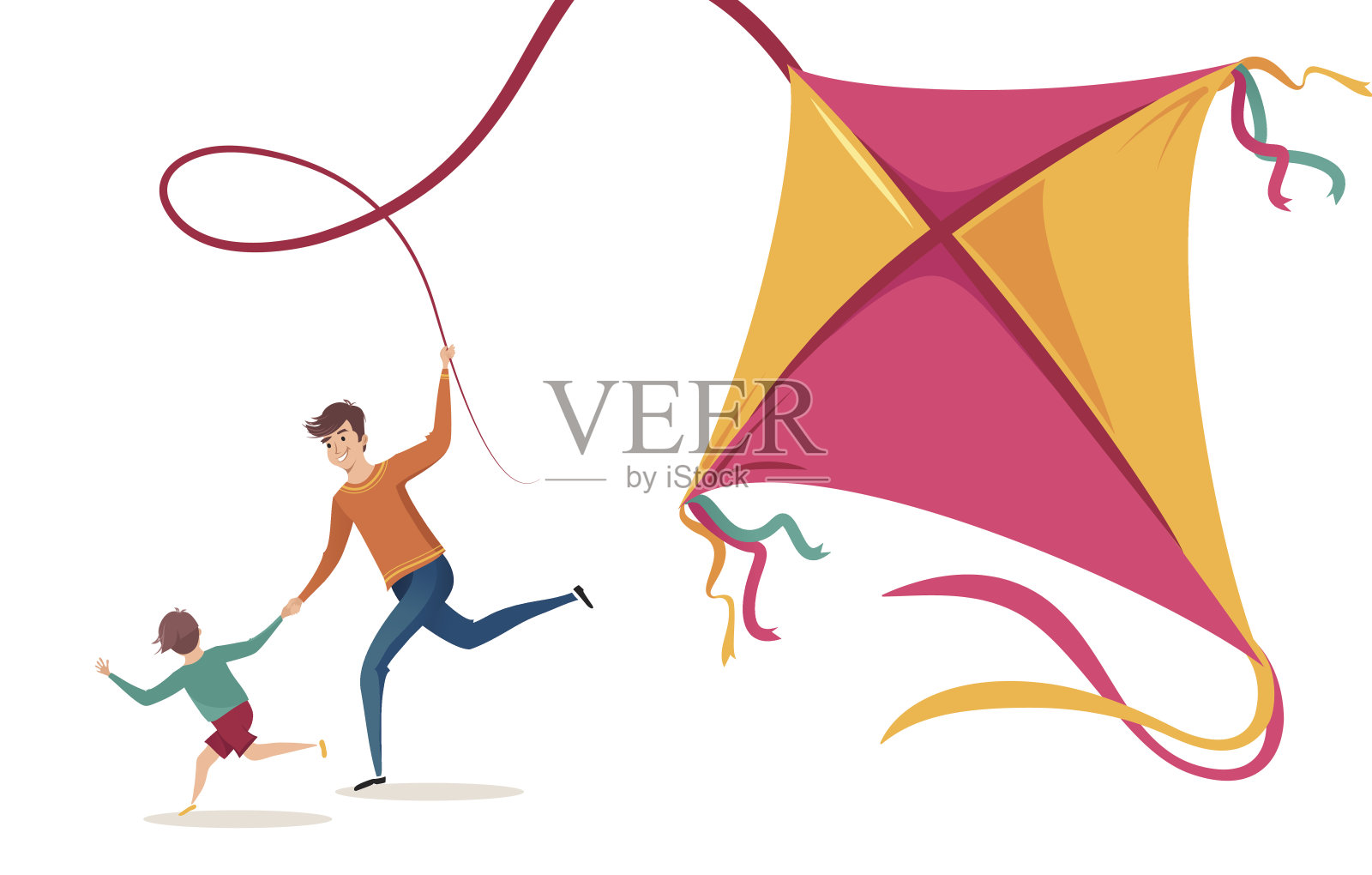 快乐的家庭，爸爸和儿子玩风筝，在夏天玩得开心。插画图片素材