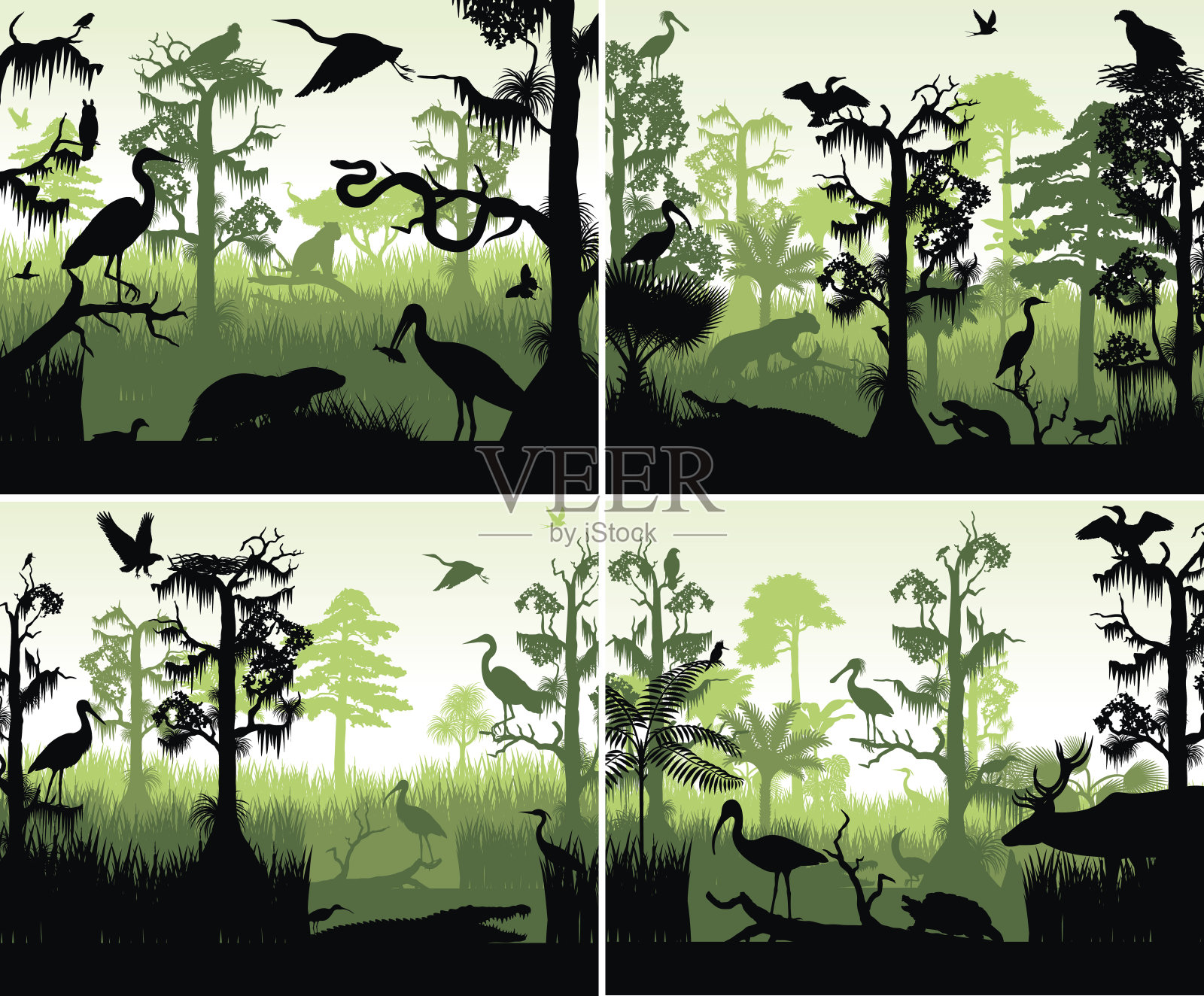 一套矢量雨林湿地剪影日落设计模板与动物插画图片素材
