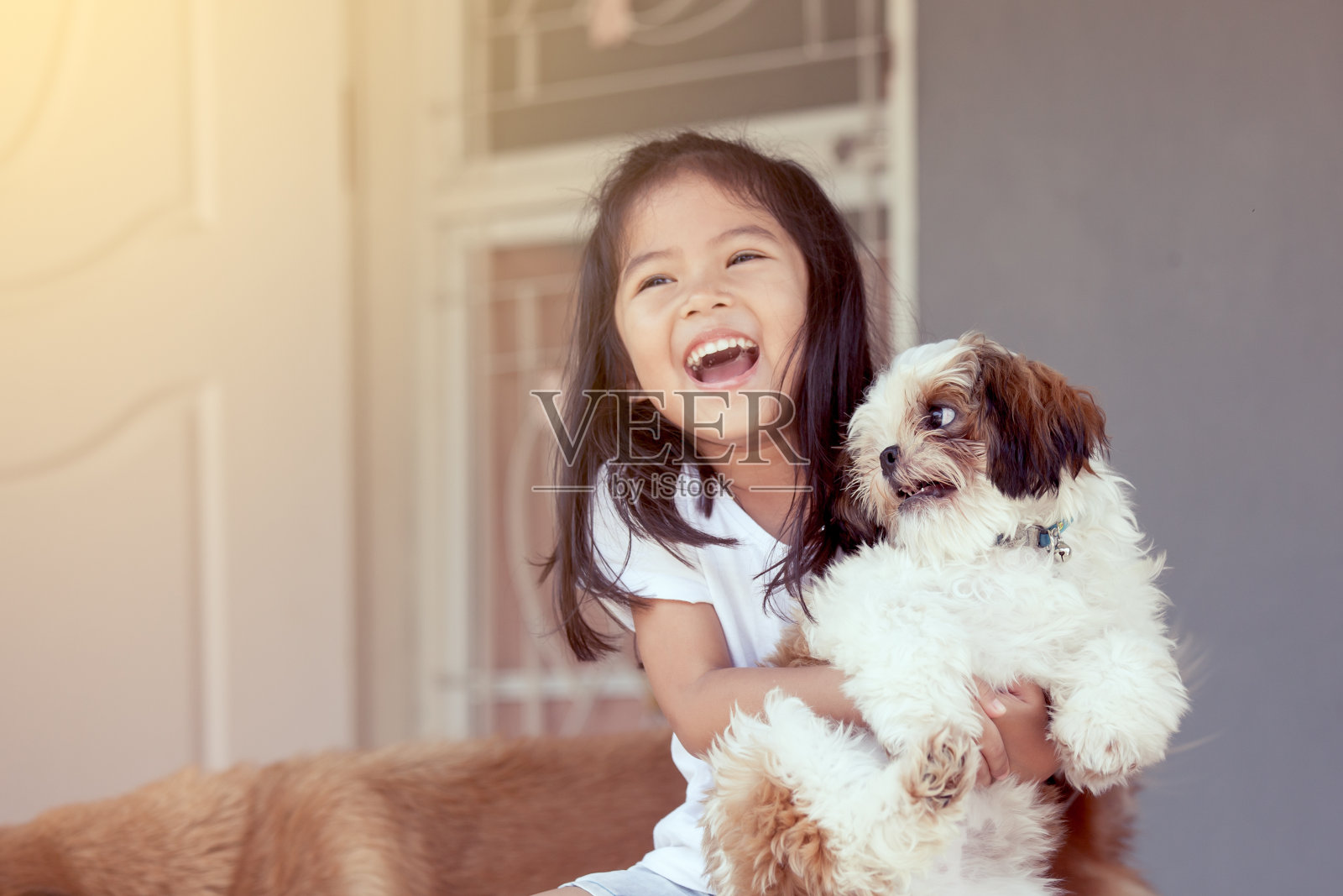 可爱的亚洲小女孩和她的西施犬在复古色调照片摄影图片