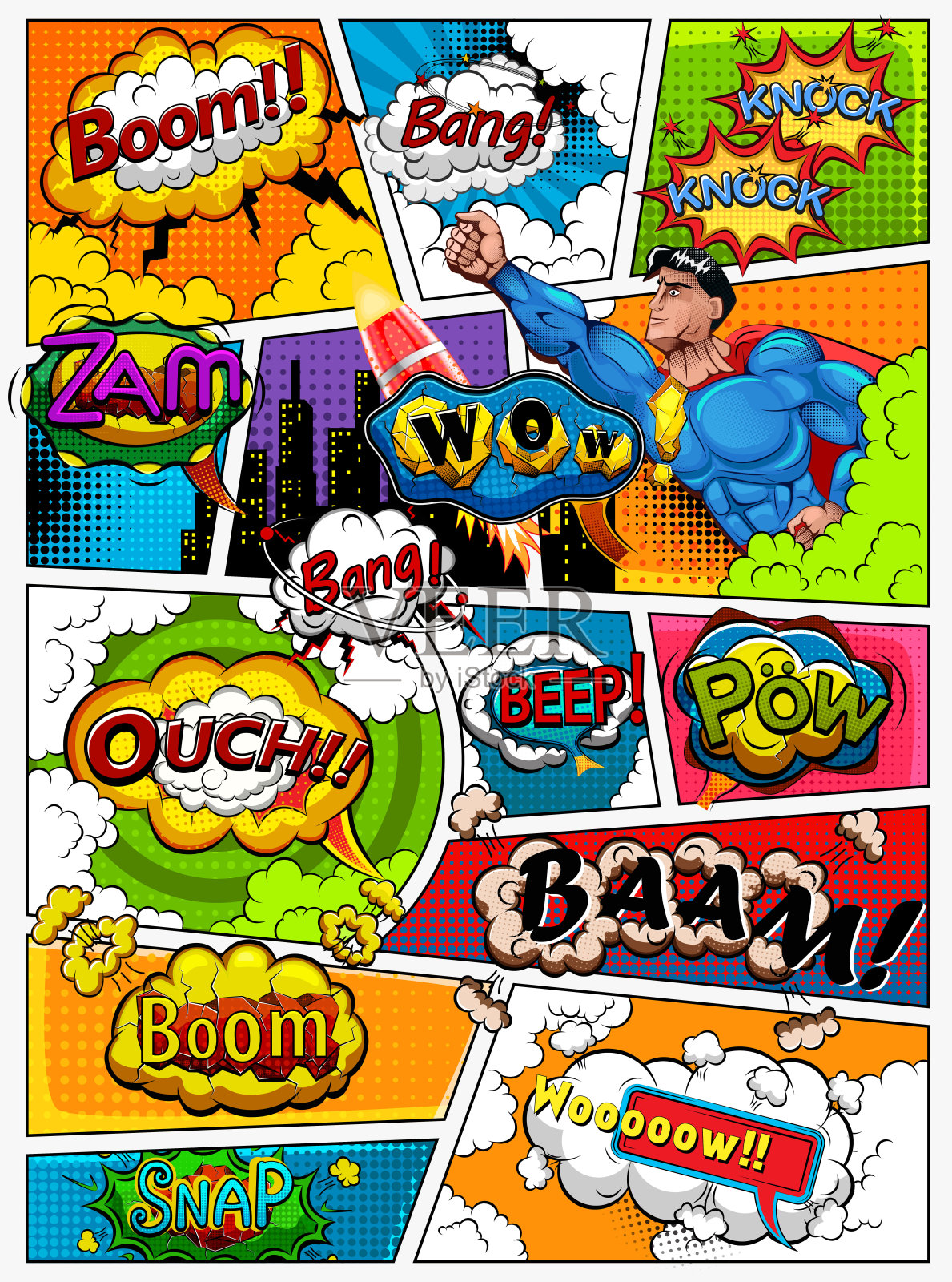 漫画书的页面以台词划分，有气泡、火箭、超级英雄和音效。复古的背景模型。漫画模板。插图插画图片素材