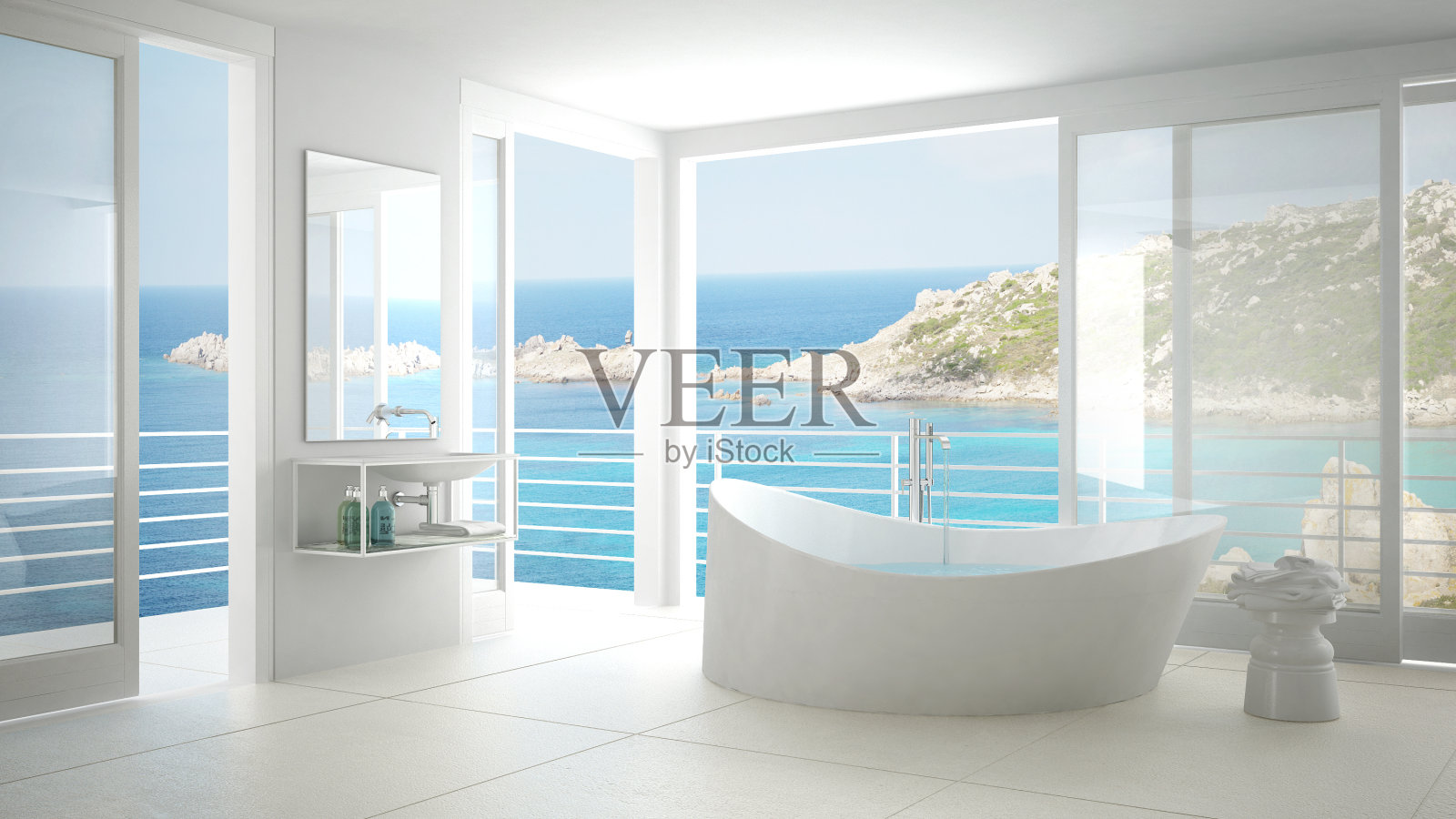 极简主义浴室，大浴缸和全景窗户，意大利室内设计，撒丁岛，圣特蕾莎Gallura照片摄影图片