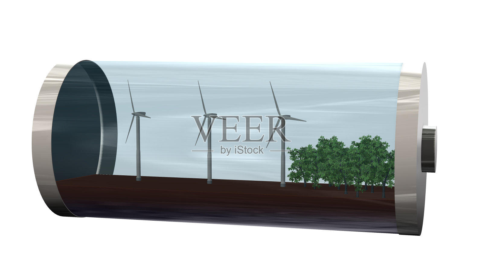 绿色能源-电池与树木和风车内-孤立的白色插画图片素材