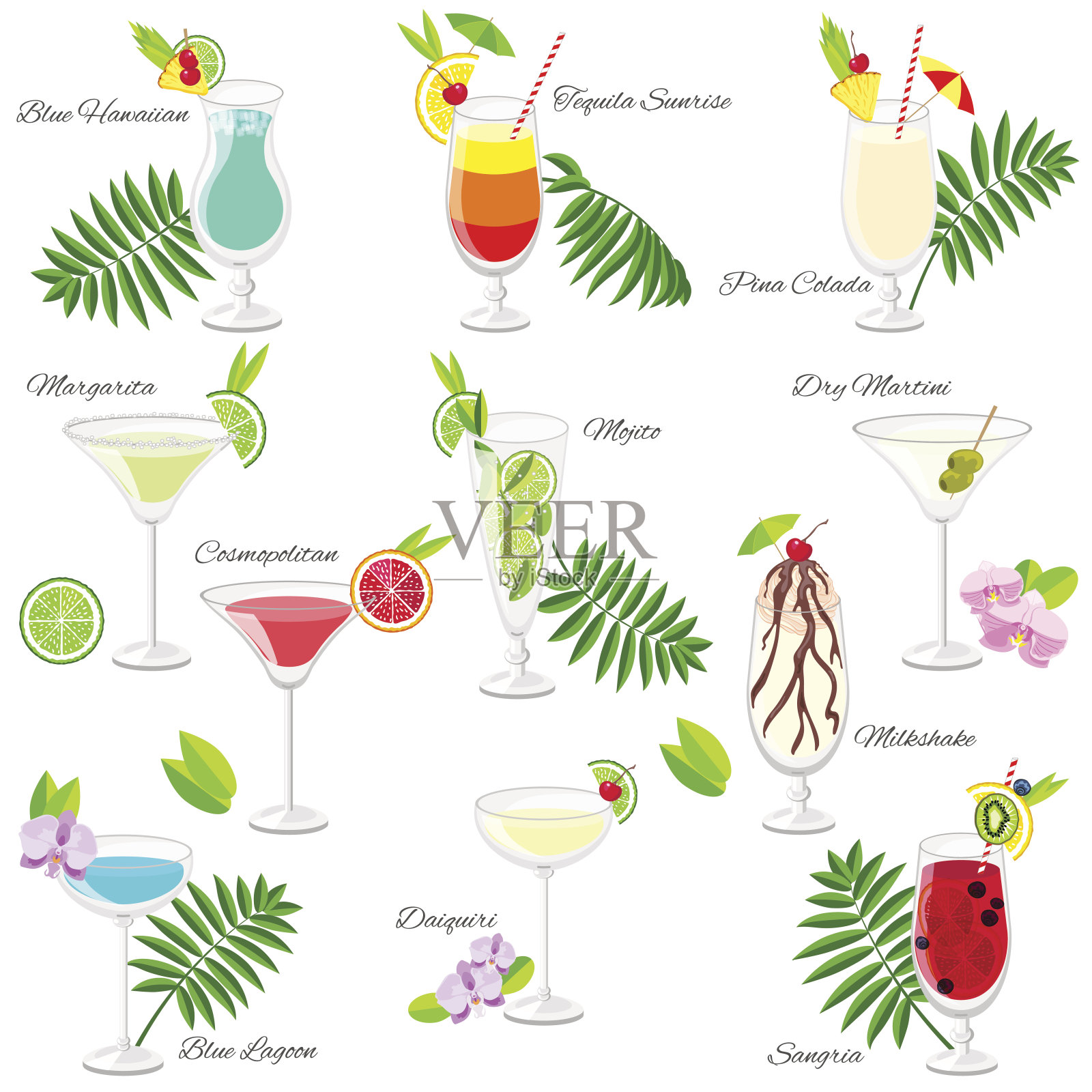 一套流行的夏季鸡尾酒孤立的白色插画图片素材