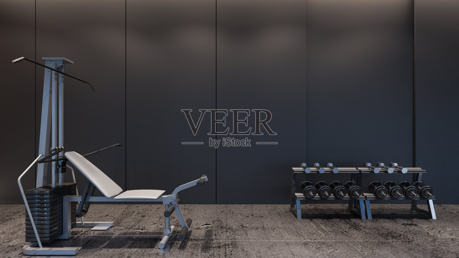 现代健身房与黑色墙壁/ 3D渲染插画图片素材