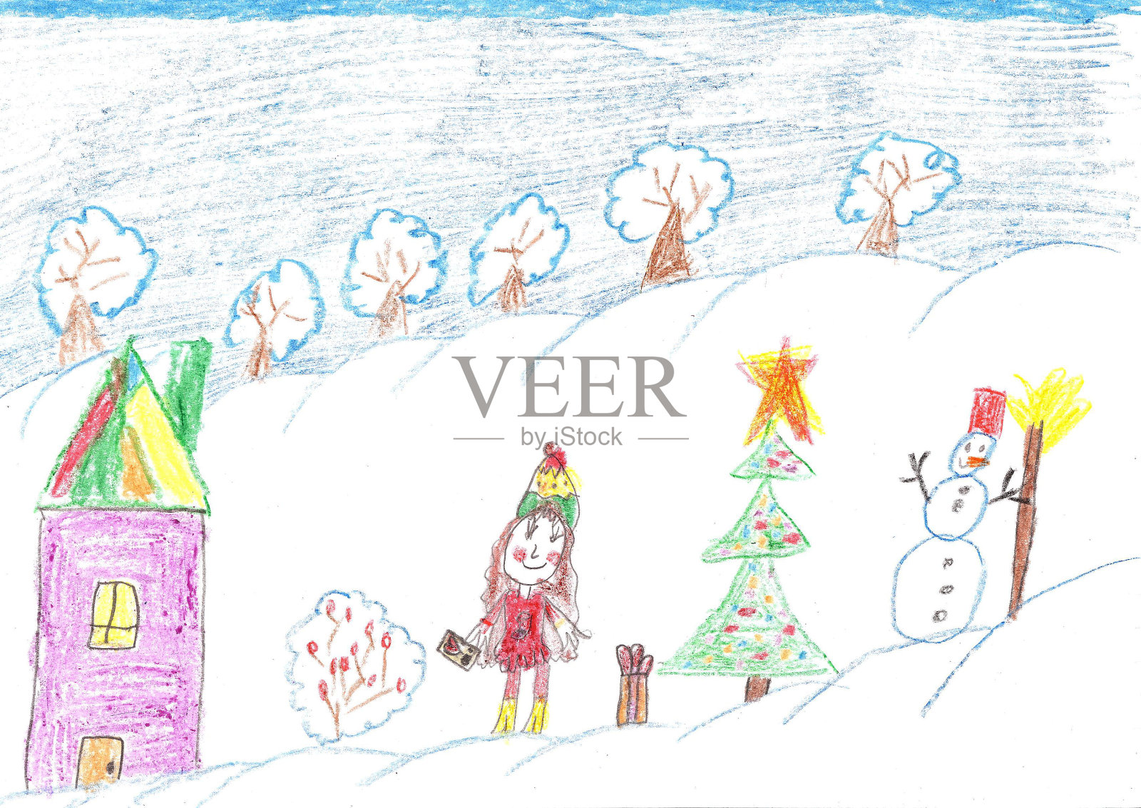 孩子们在户外庆祝圣诞节。孩子画画插画图片素材