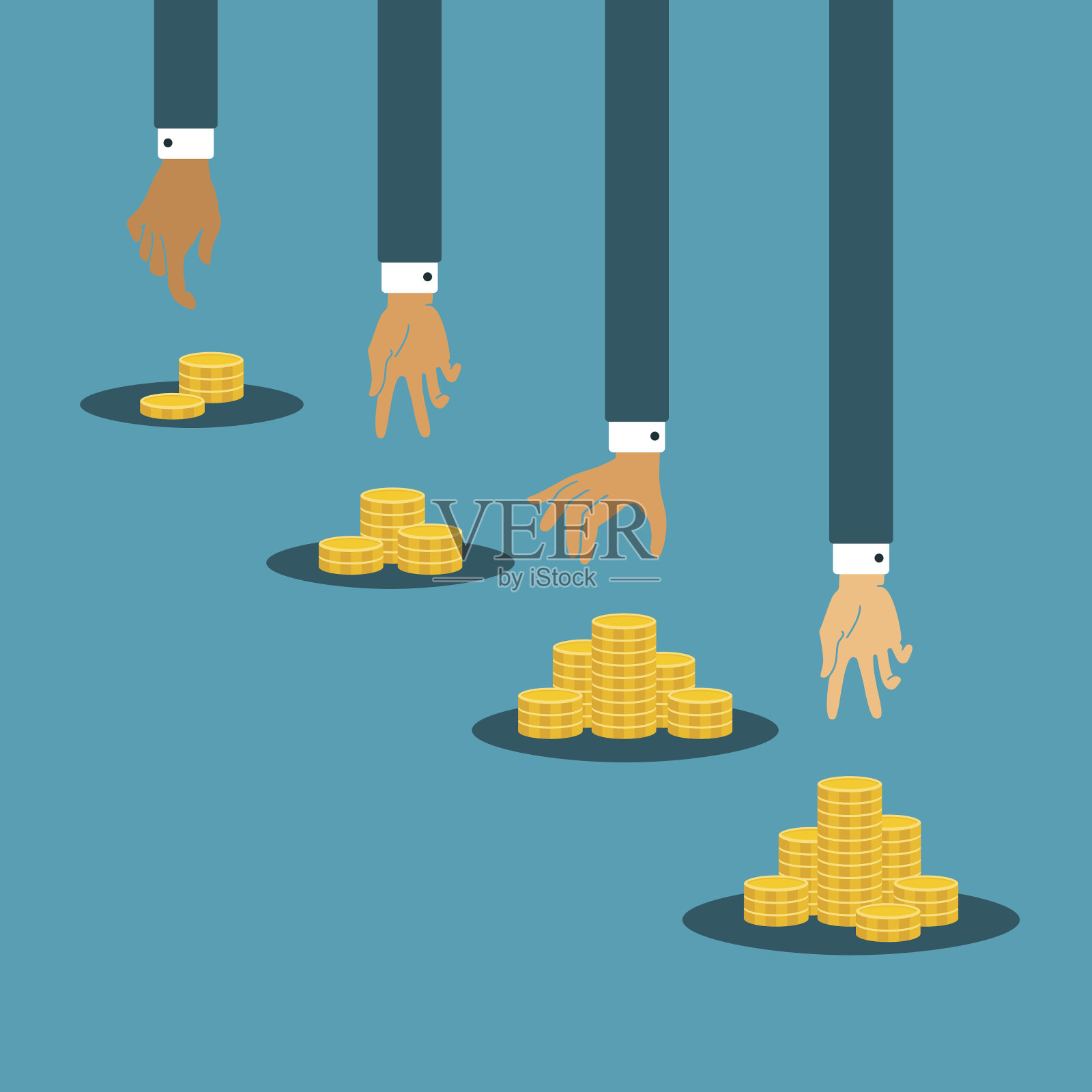 不同的收入矢量概念与成堆的金币插画图片素材