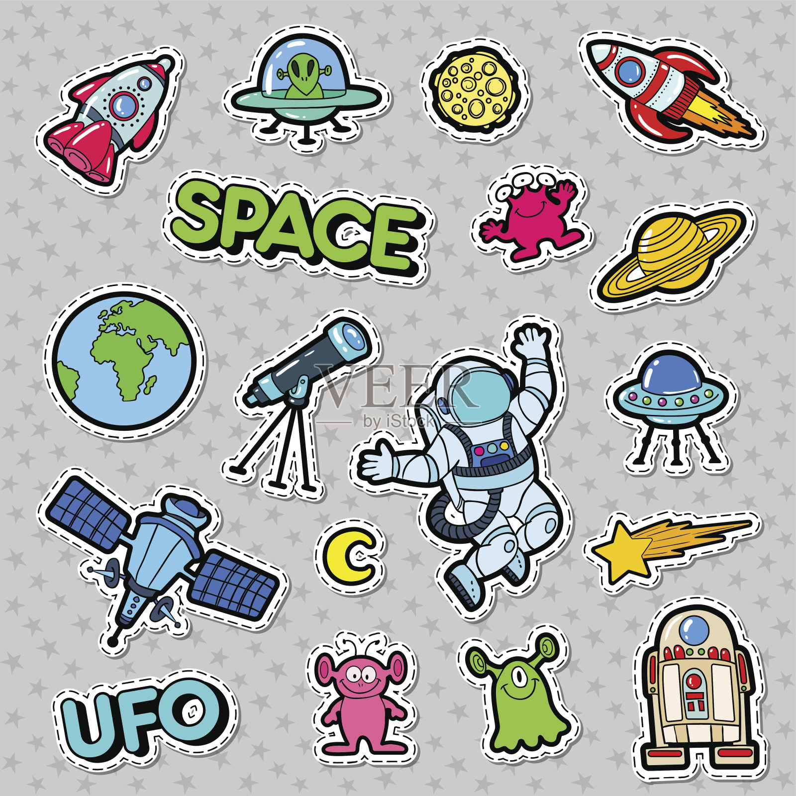 太空，UFO，机器人和外星人徽章，补丁插画图片素材