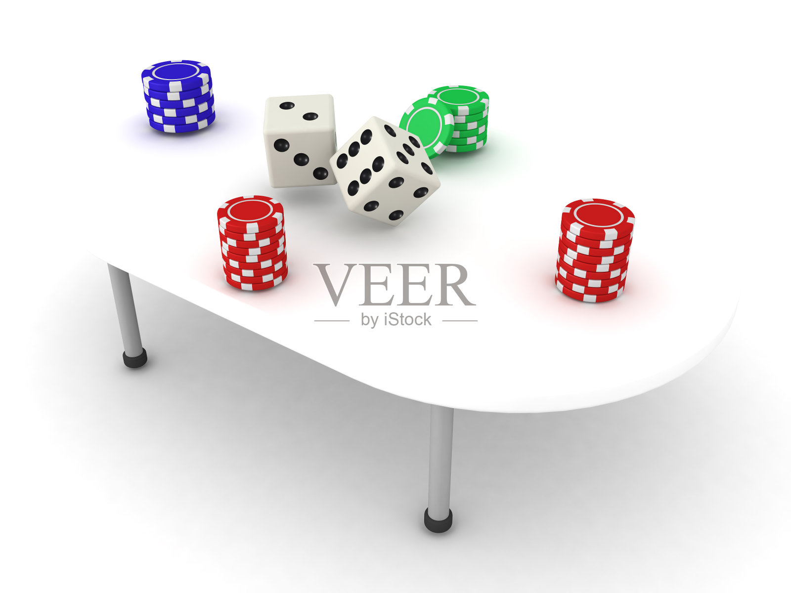3D插图的赌桌与成堆的筹码和骰子照片摄影图片