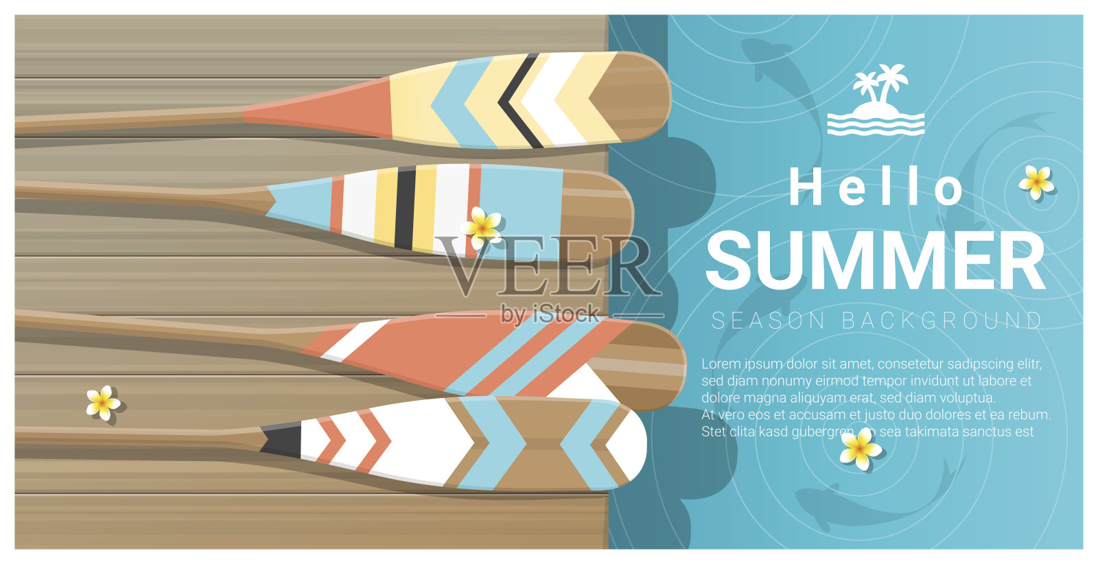 你好夏季背景与木制码头上的彩色独木舟桨，矢量，插图插画图片素材