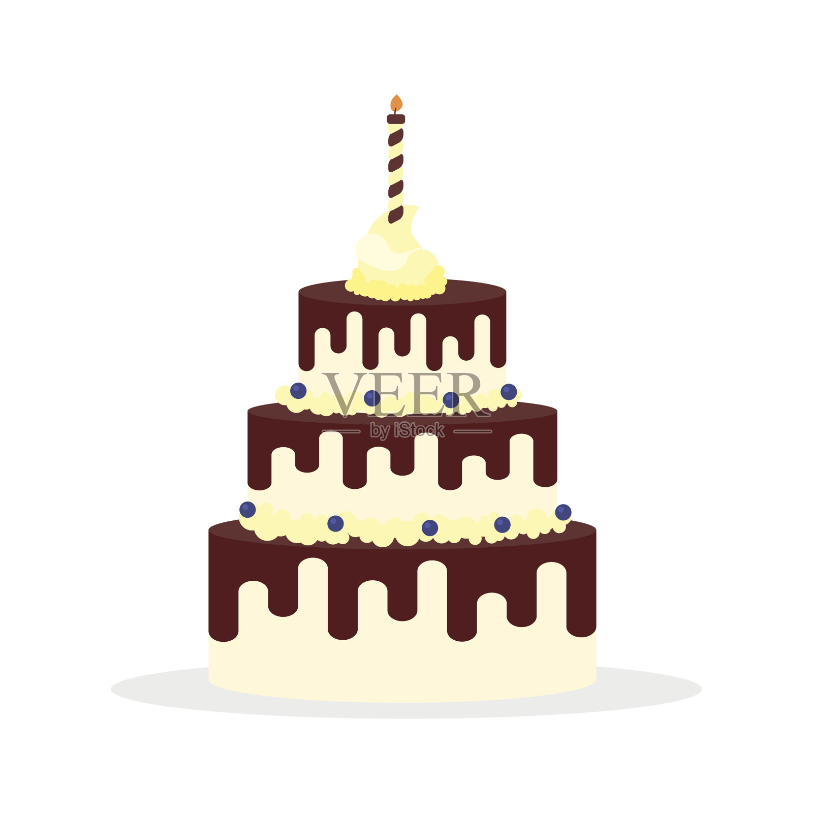 美味的蛋糕与巧克力奶油和蜡烛生日，婚礼，周年纪念和其他庆祝活动。矢量插图的平面设计孤立在白色背景插画图片素材