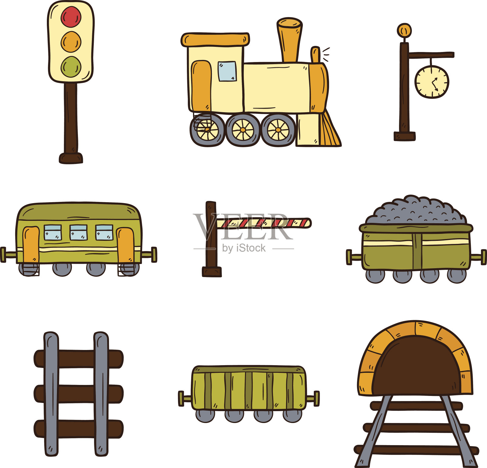 一套手绘铁路图标:货车，信号灯，火车站图标素材