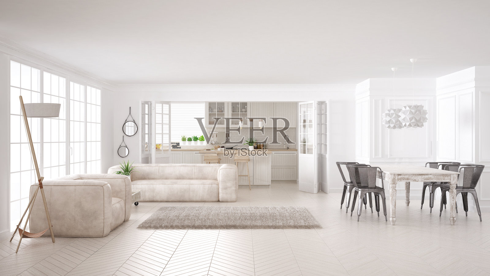 简约的白色生活和厨房，斯堪的纳维亚经典的室内设计照片摄影图片
