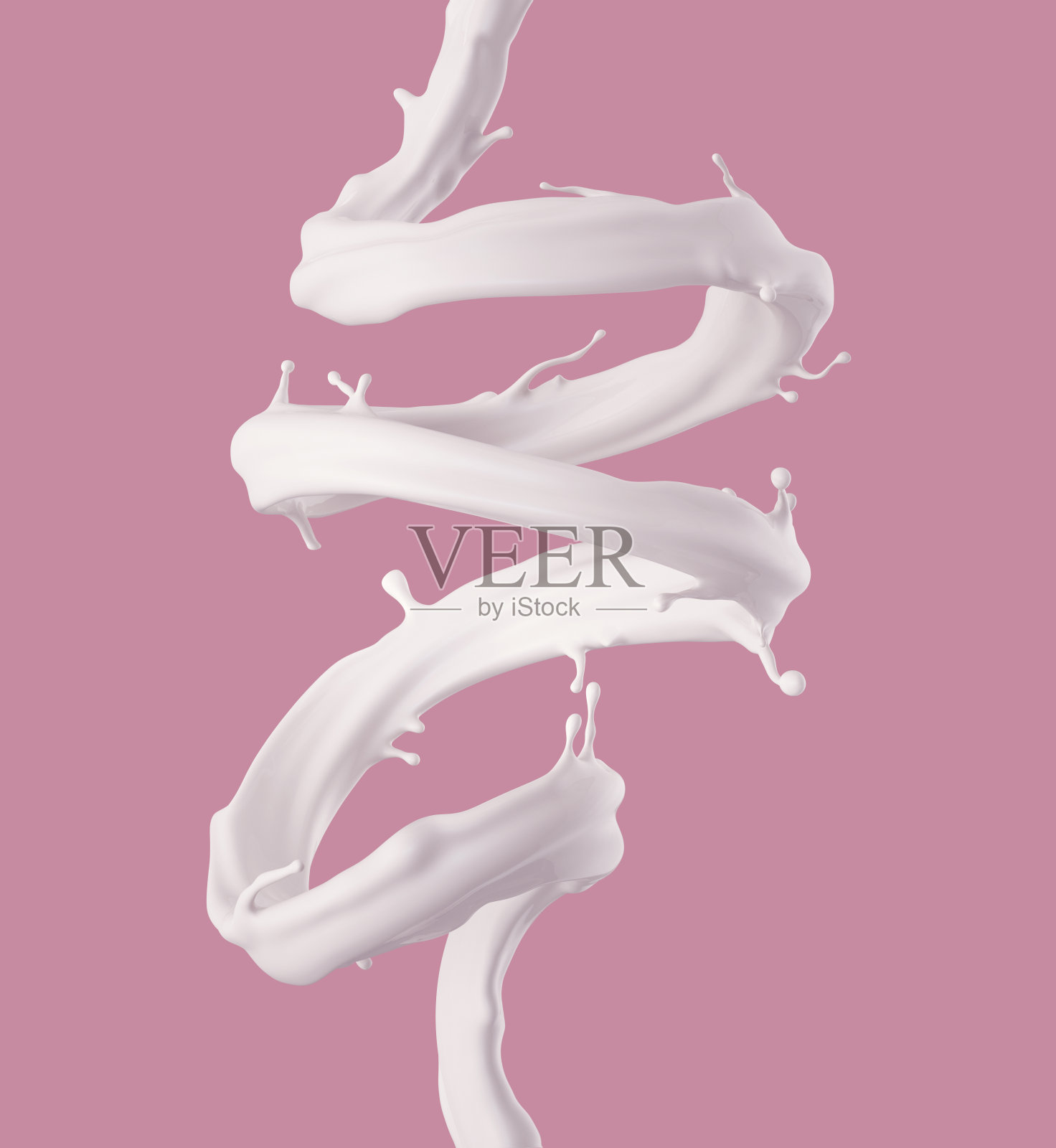 3d渲染，数字插图，牛奶螺旋喷射，白色飞溅，液体波，油漆，环，曲线，粉色背景插画图片素材