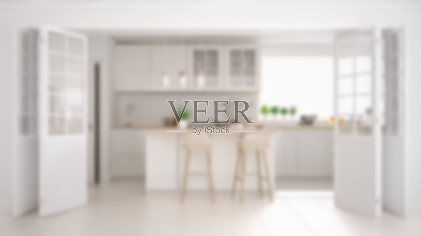 模糊的背景室内设计，斯堪的纳维亚极简主义经典厨房与木制和白色的细节照片摄影图片