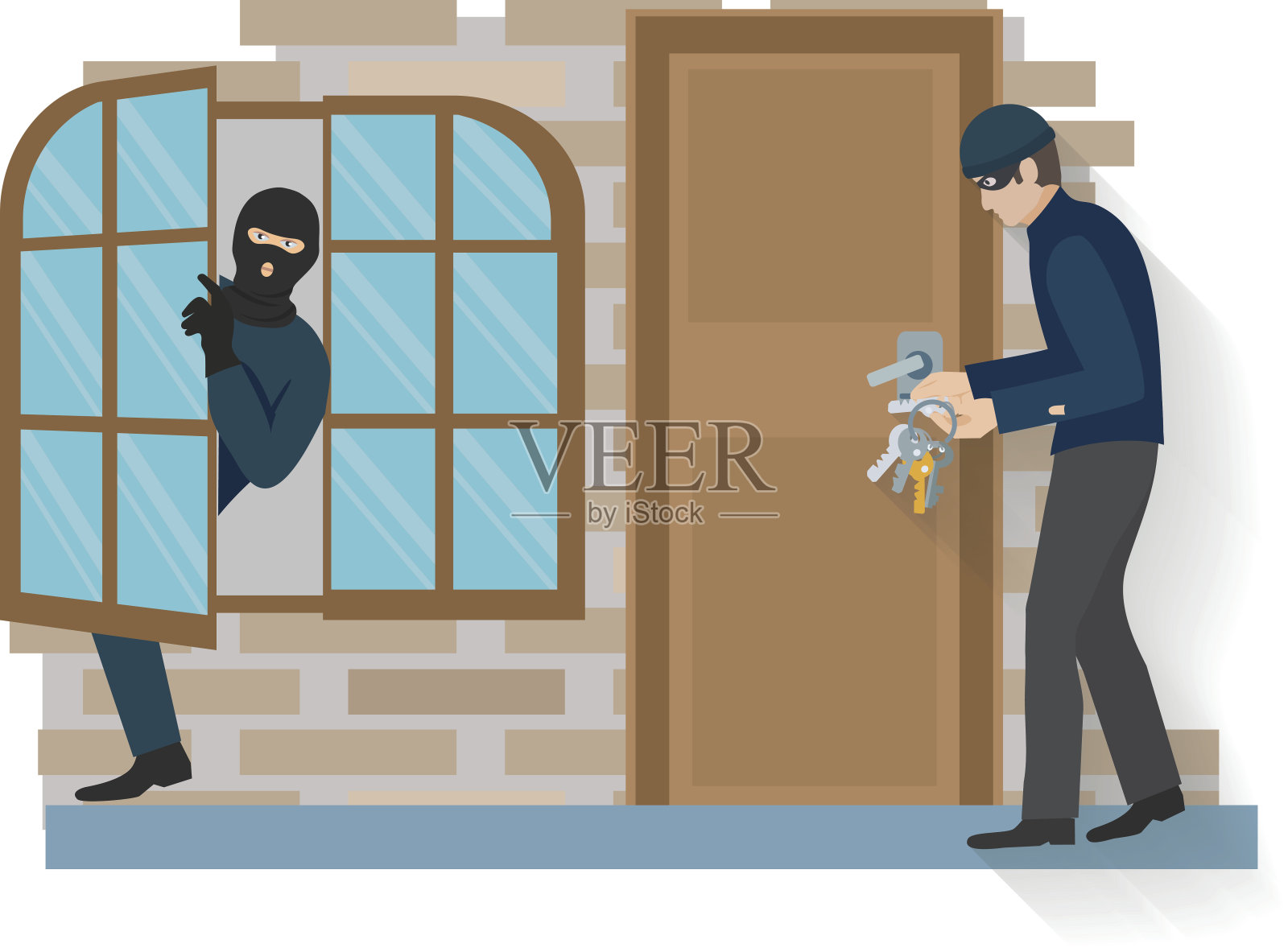 小偷进入房子的白色背景矢量插画图片素材