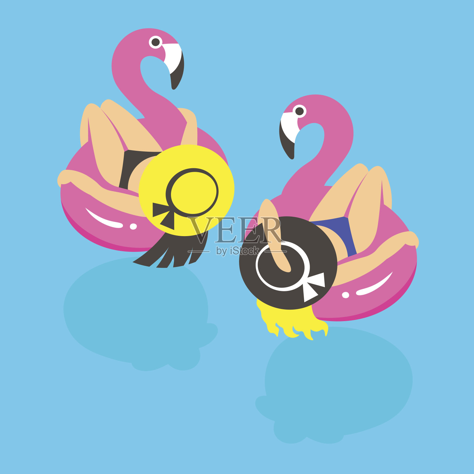 女孩们在一个充气的粉红色火烈鸟在夏天游泳和休息插画图片素材