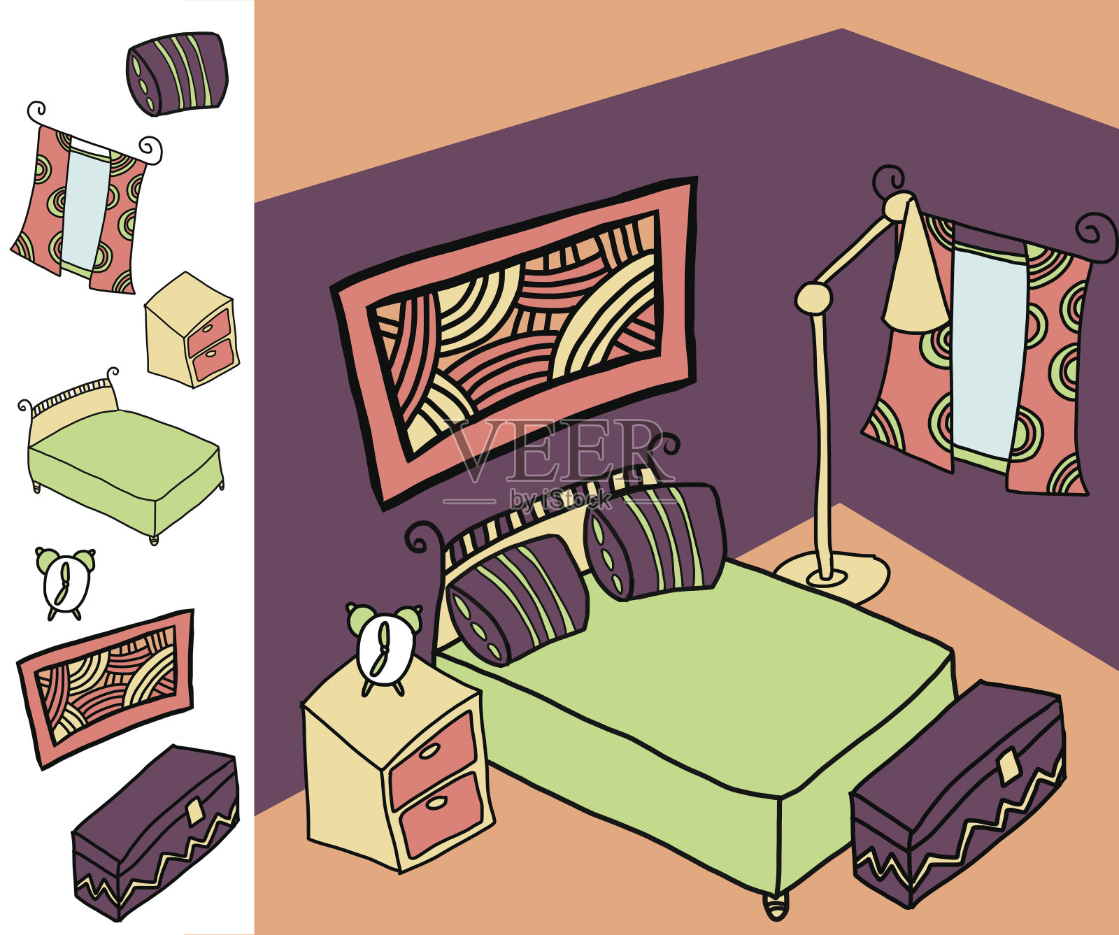 卡通向量卧室内部与孤立的元素插画图片素材