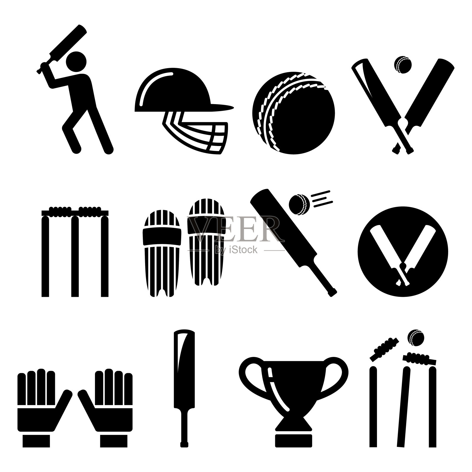 板球拍，男子打板球，板球设备-运动图标集插画图片素材