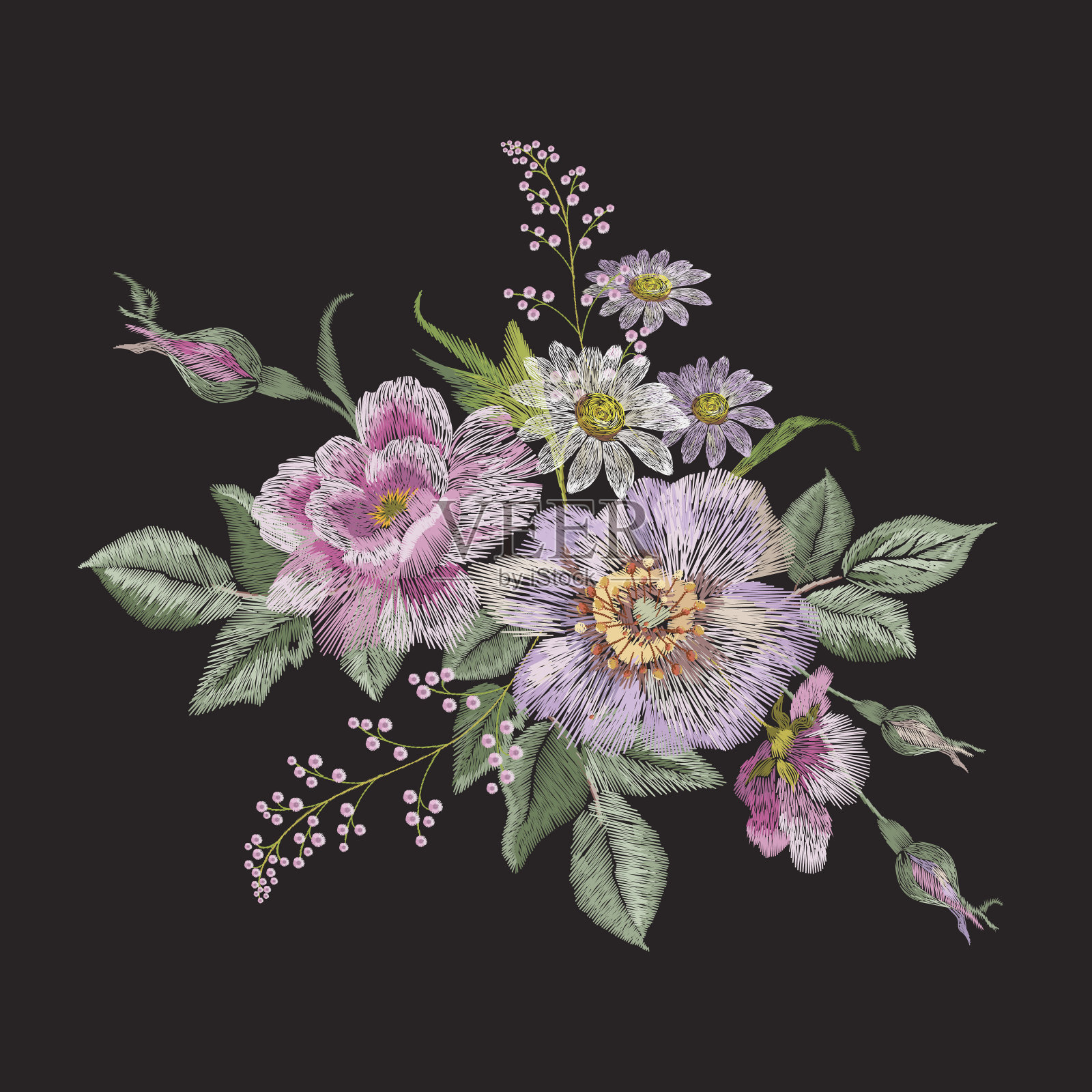 刺绣彩色花卉图案与狗玫瑰和洋甘菊。插画图片素材