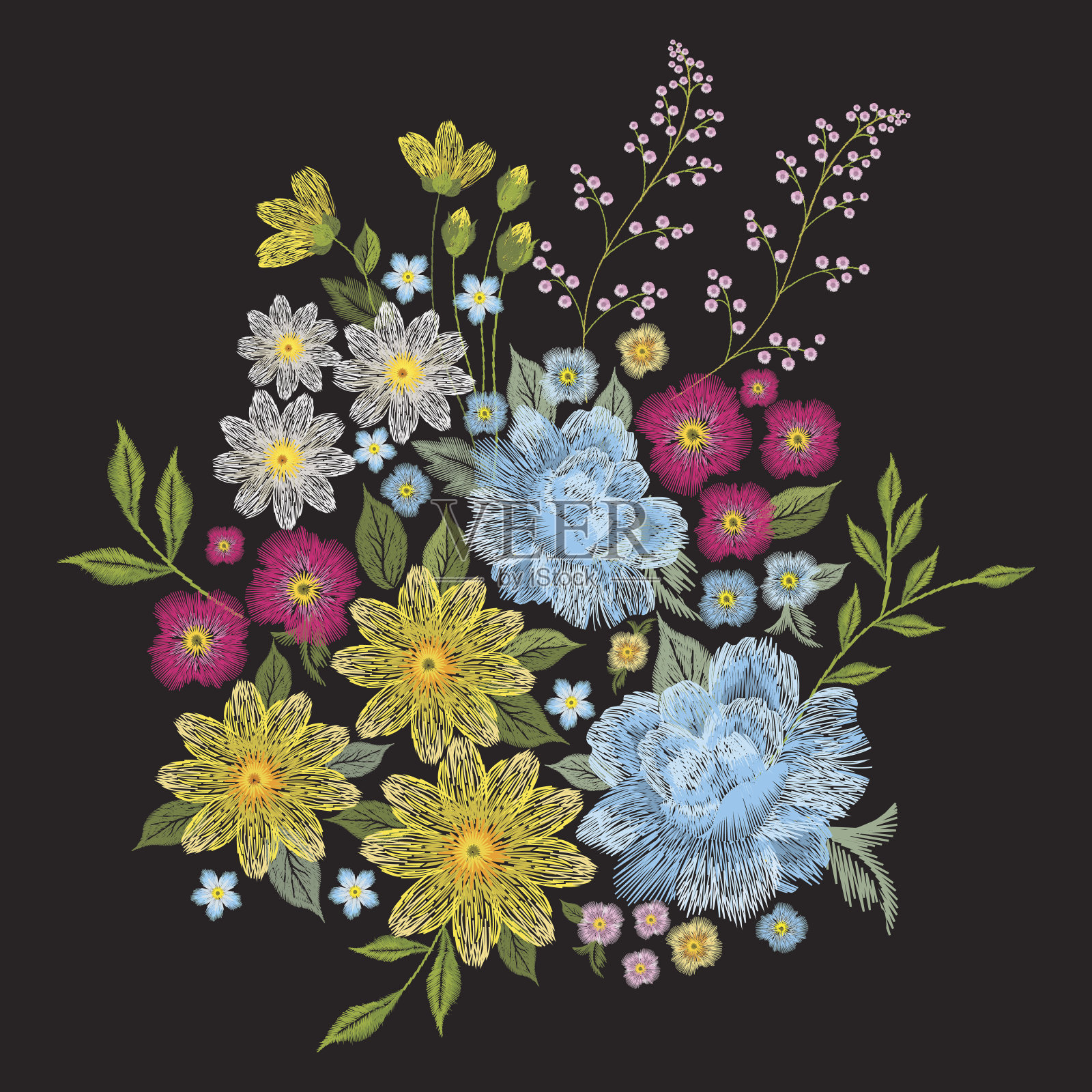 刺绣色彩缤纷的流行花卉图案。插画图片素材
