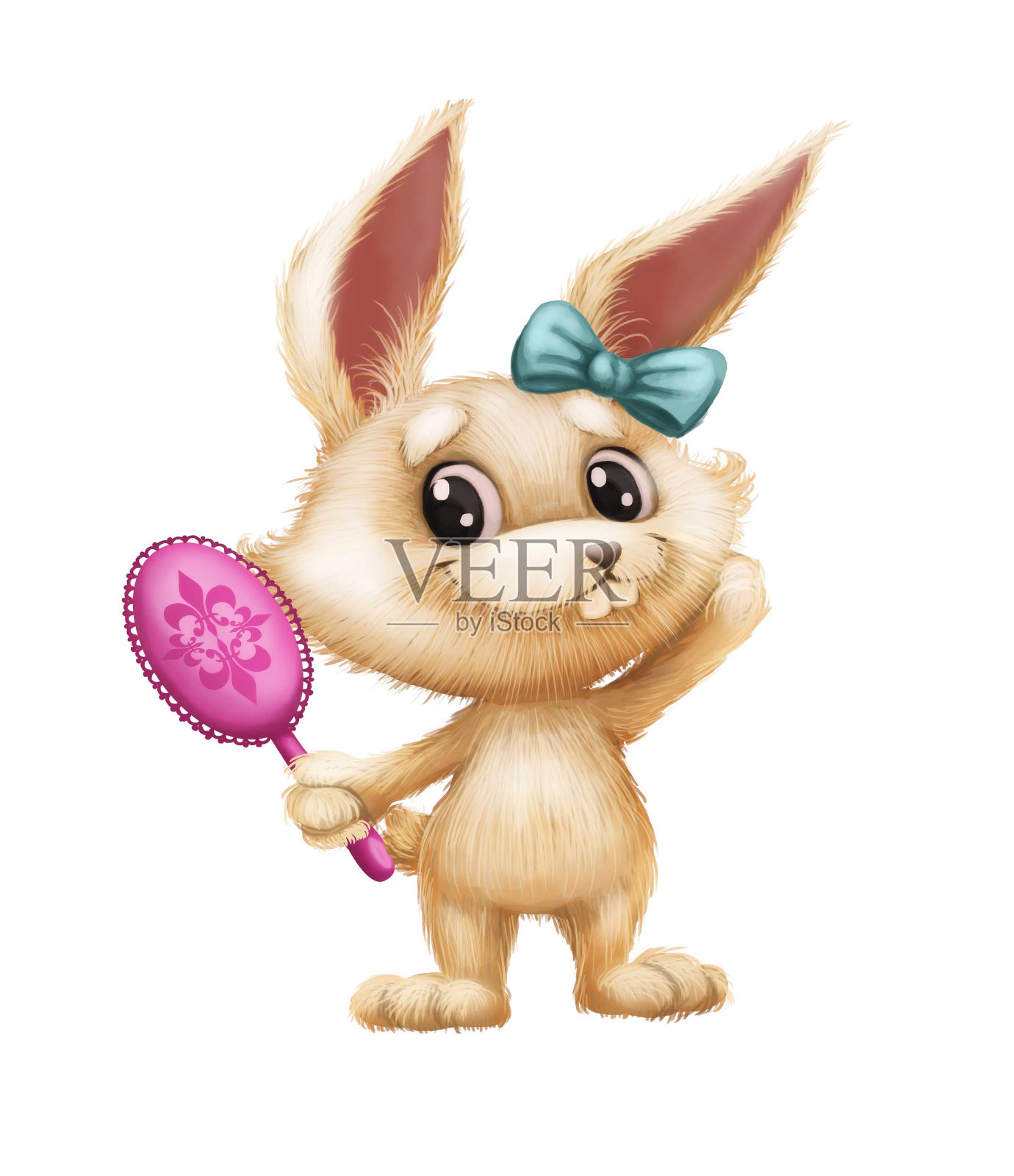 可爱的毛绒绒的兔子-卡通动物人物吉祥物看着在手镜和微笑设计元素图片