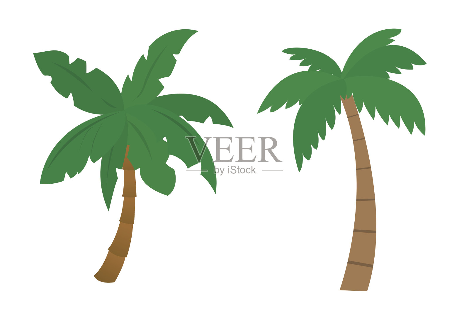 一套卡通棕榈树与棕色的树干和绿色的叶子绘制的平面设计-矢量插图孤立在白色的背景设计元素图片