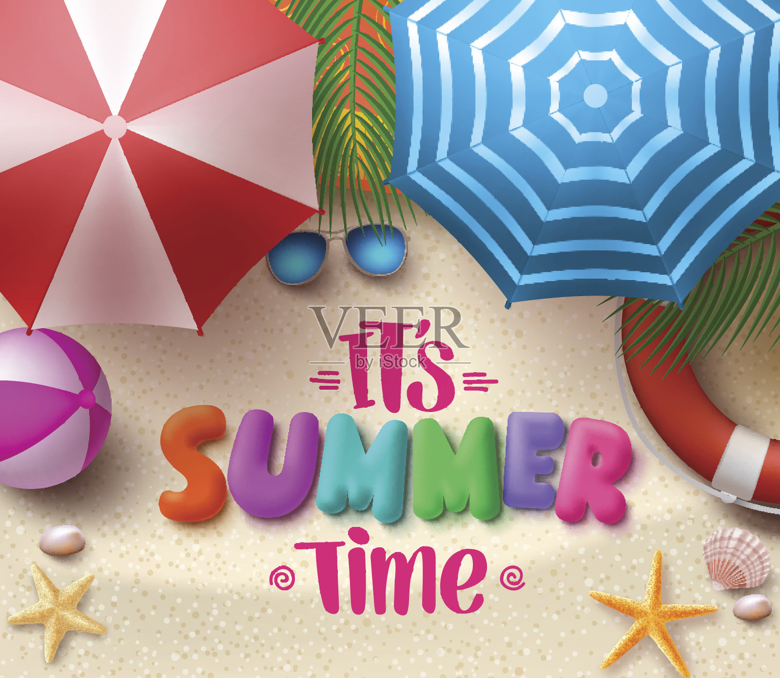 夏天的时间矢量彩色文字在沙滩上与沙滩伞插画图片素材