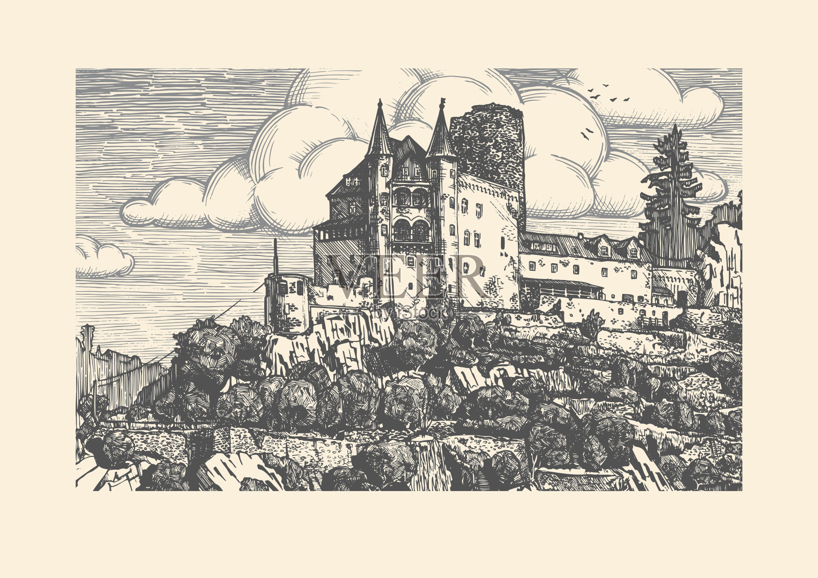 雕刻的中世纪城堡矢量插图。插画图片素材