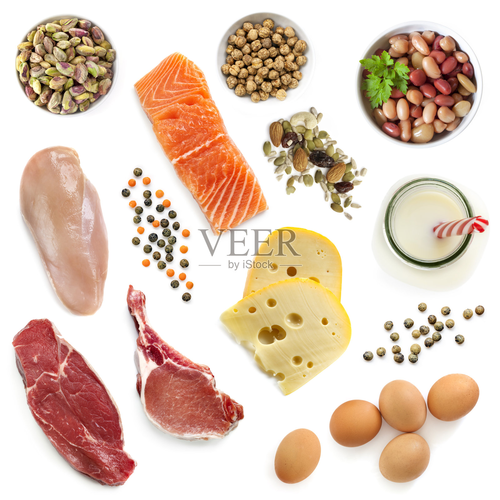 食物来源的蛋白质孤立俯视图照片摄影图片