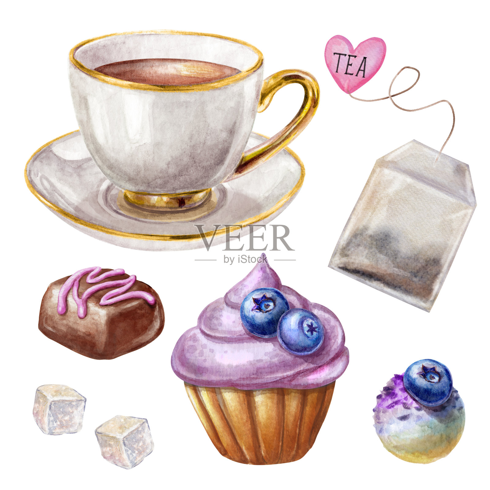 水彩插图，瓷茶杯，蓝莓杯蛋糕，巧克力松露，饼干孤立的白色背景照片摄影图片