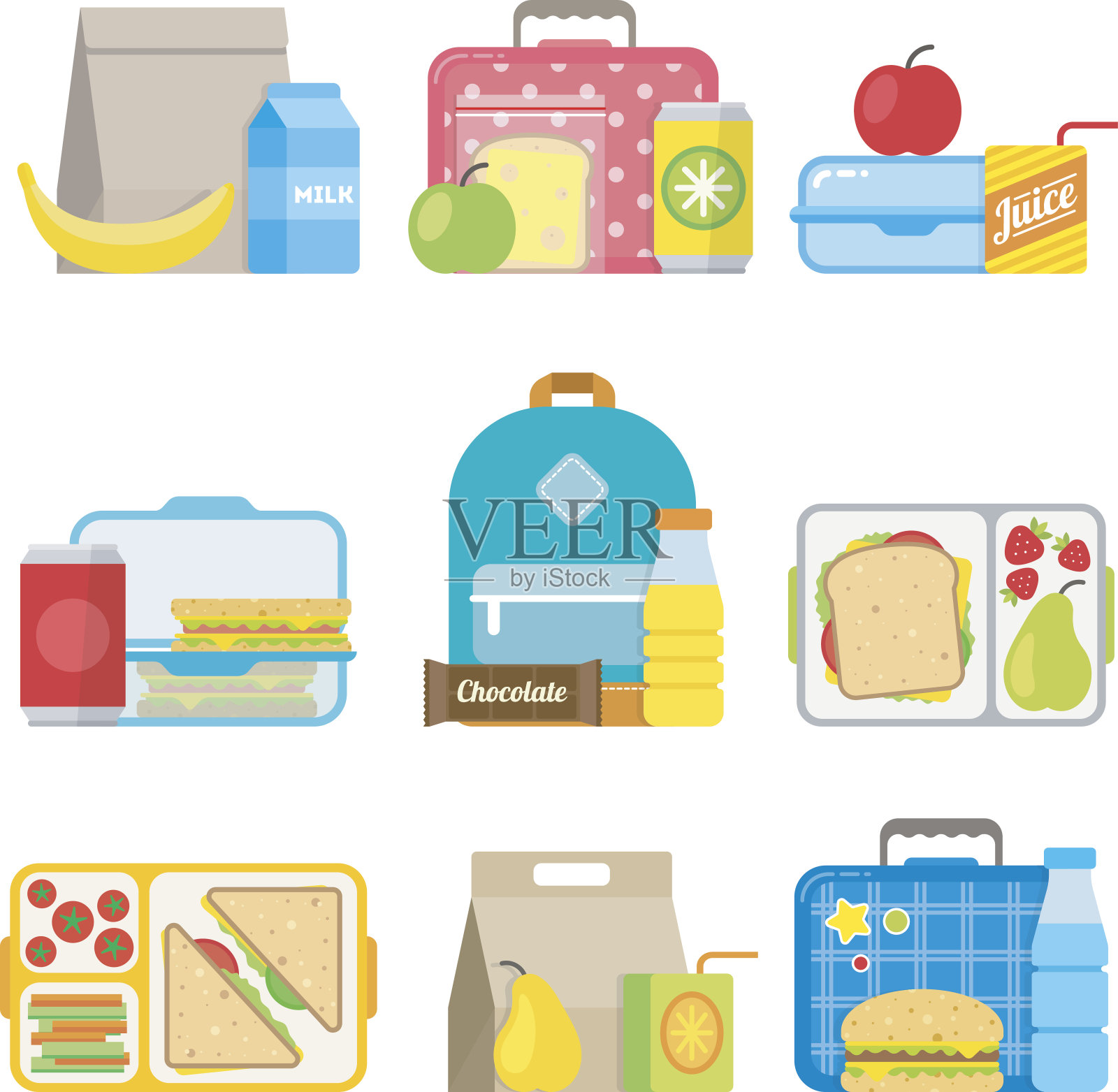 儿童学校午餐盒图标在平面风格图标素材