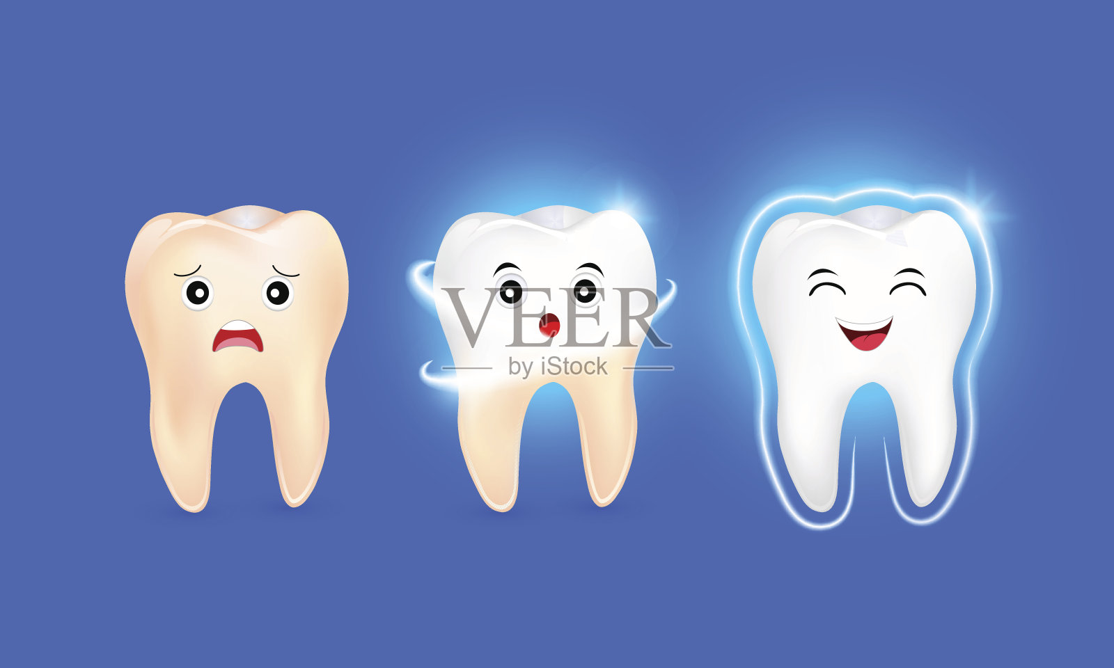 在蓝色背景上设置干净和脏的牙齿字符，清除牙齿的过程。插画图片素材