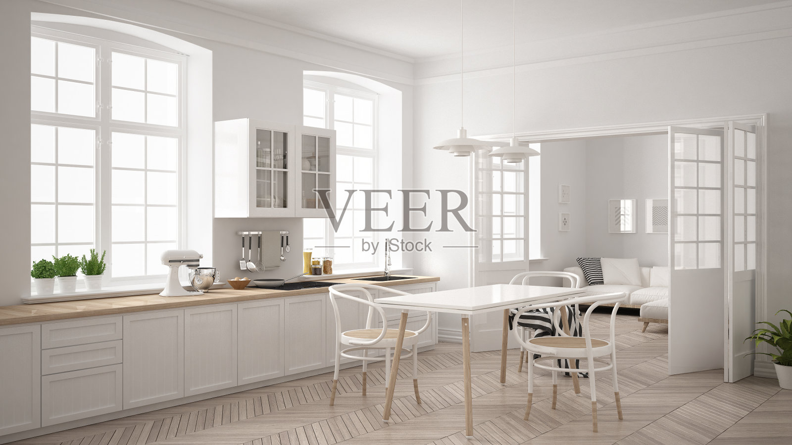 极简主义斯堪的纳维亚白色厨房与客厅的背景，经典的白色室内设计照片摄影图片