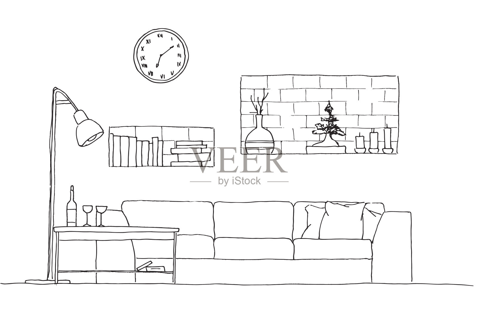 沙发、墙上的架子、桌子和落地灯。手绘矢量插图的草图风格。插画图片素材