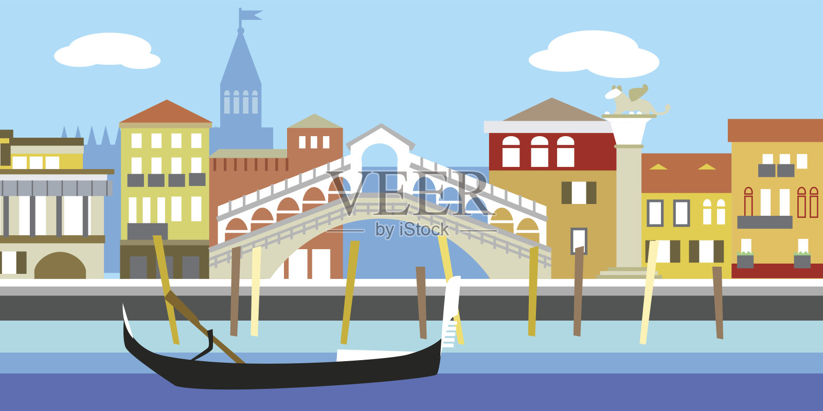 矢量插图的威尼斯城市景观在简单的风格。传统的意大利风景。老式欧洲风格的房子。河道及船只。插画图片素材