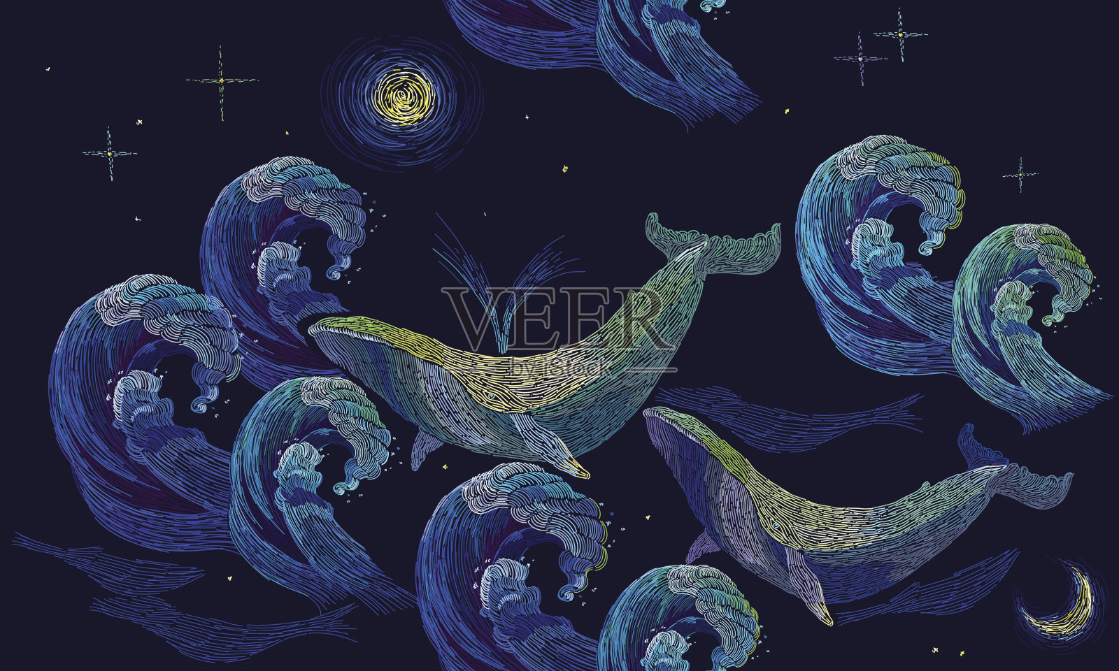 刺绣鲸鱼无缝图案。蓝鲸漂浮在夜晚的海面上。经典艺术刺绣，大浪大海和鲸鱼无缝图案。服装，纺织品，t恤设计的模板插画图片素材