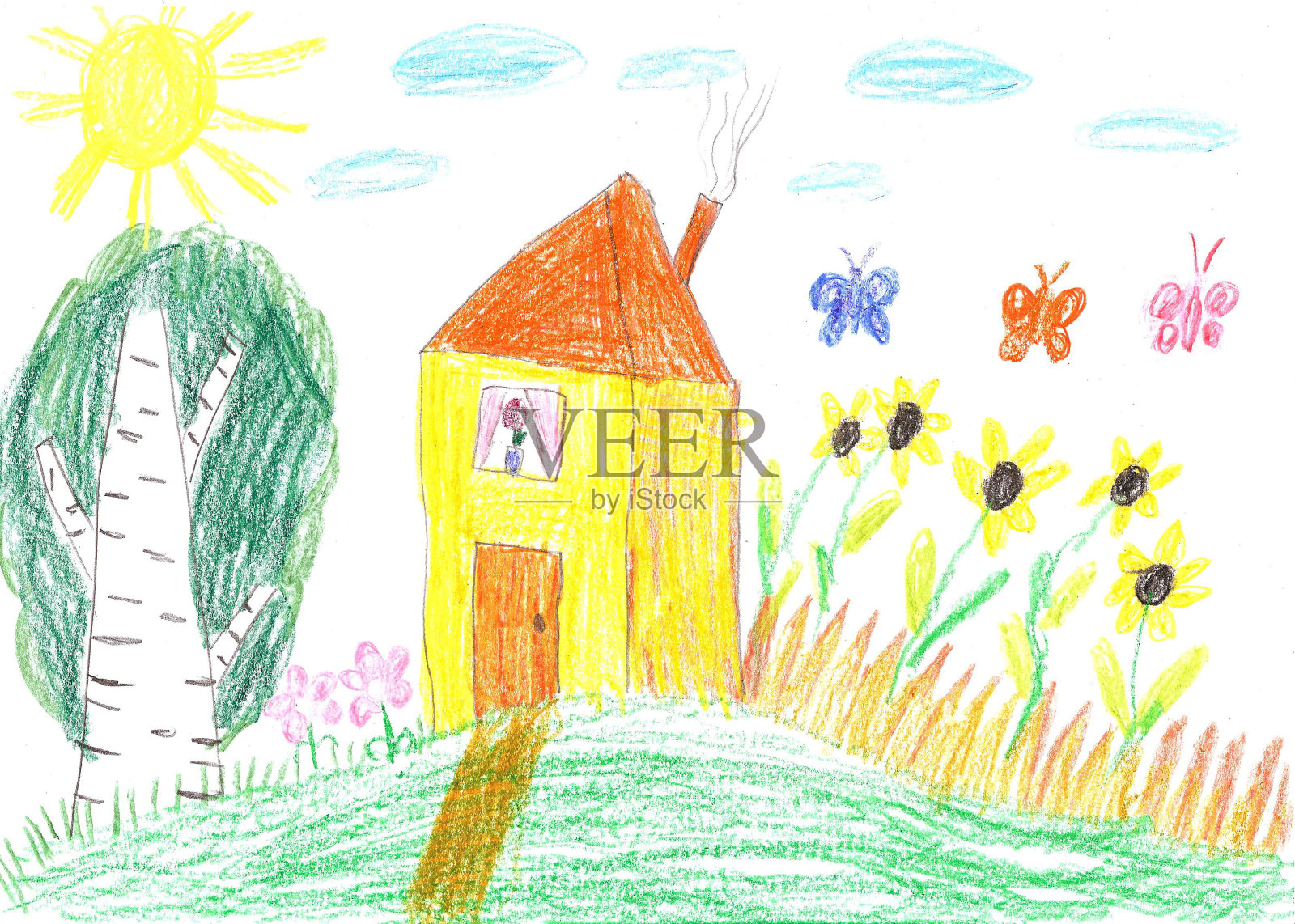 孩子在画房子插画图片素材