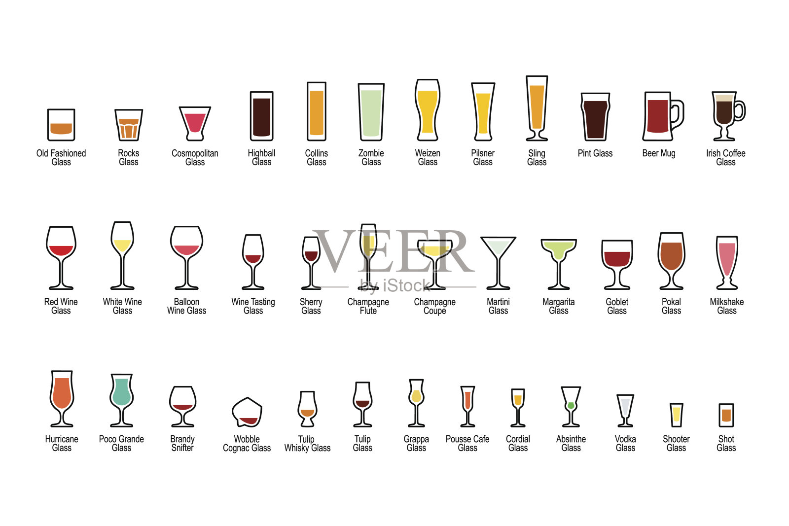 酒吧玻璃器皿与标题，颜色图标集插画图片素材