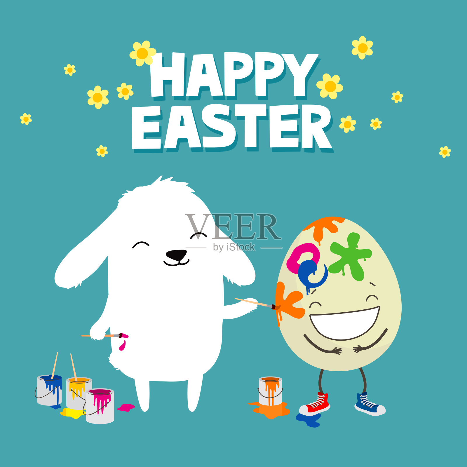 小兔子用画笔装饰复活节彩蛋。可爱的卡通贺卡插画图片素材